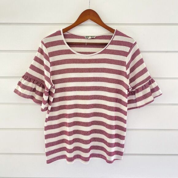 Pleione Women's Red White Striped Ruffle Bell Sleeve Knitted Top Size Medium - Picture 1 of 6